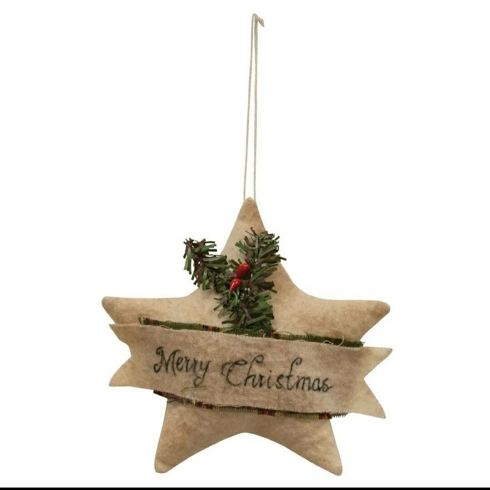 Primitive Merry Christmas Linen Star Ornament sprig of greenery, red pip berries